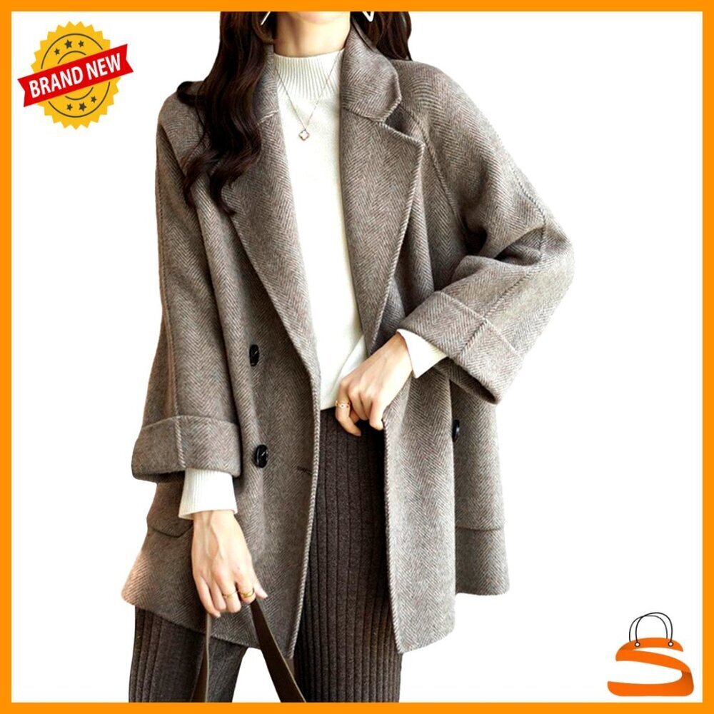 Wool Blend Peacoat Double Breasted Oversized Loose Fit Winter Coat Tweed Jacket
